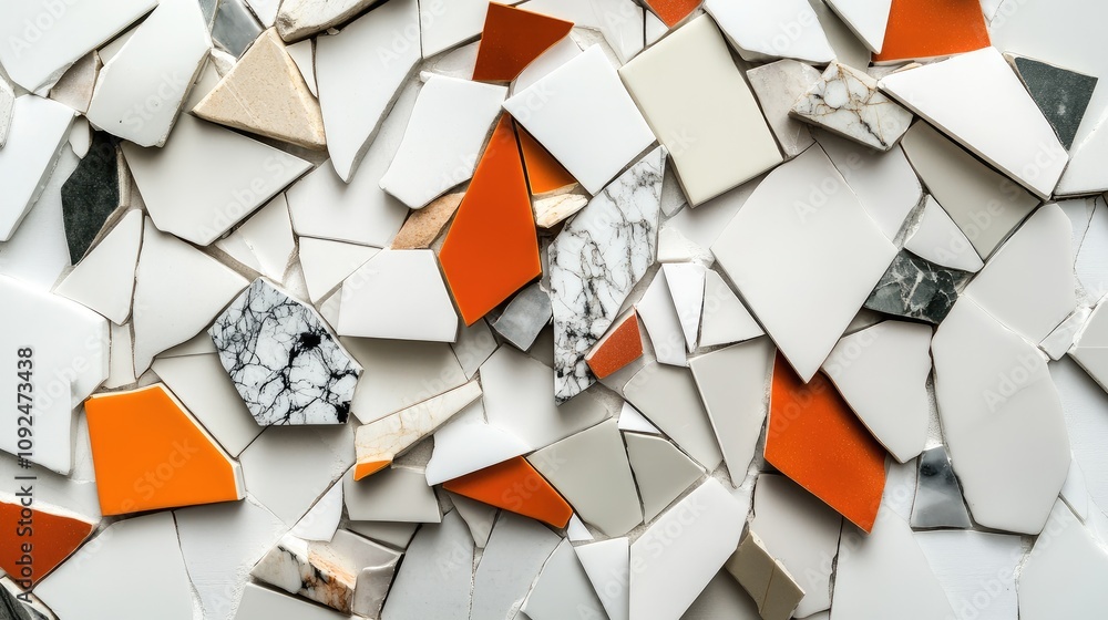 Poster colorful mosaic of broken ceramic tiles displaying various textures and patterns, including orange, 