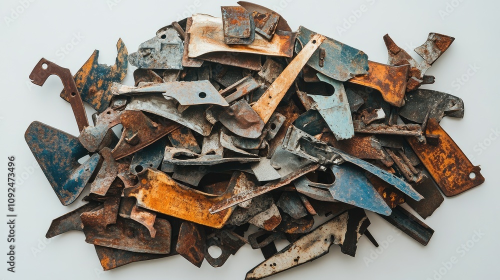 Poster a diverse collection of rusty metal pieces displaying unique textures and colors, perfect for use in
