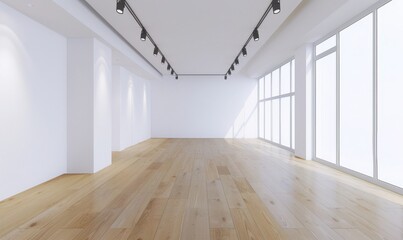 Obraz premium Minimalist interior design with a white wall, large window, and wooden floor. Sunbeams stream through the window, casting shadows on the floor