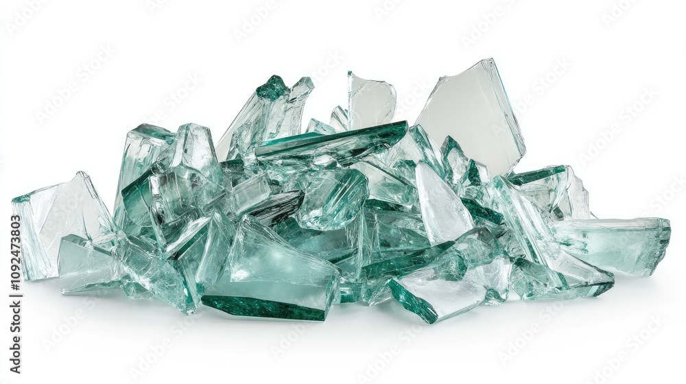 Poster shattered glass fragments piled together with sharp edges reflecting light and creating an intriguin