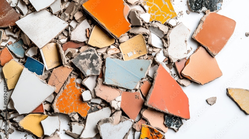 Poster colorful fragments of broken ceramic tiles and plaster creating a vibrant abstract background for ar