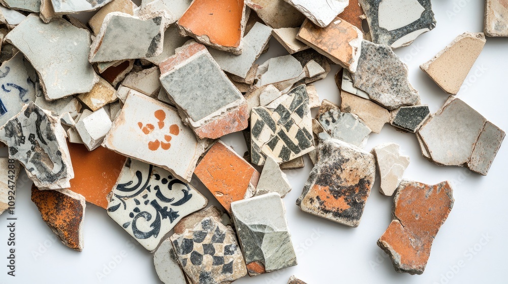 Poster fragmented ceramic pieces in a collection of colorful mosaic tiles for creative crafts and artistic 