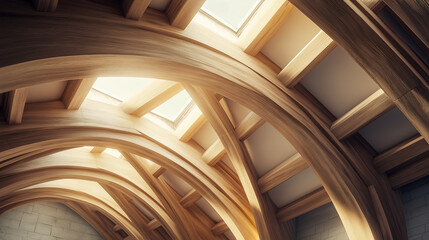Fototapeta premium Sculptural roof with intertwined wooden beams - Bright daylight, organic and warm feel