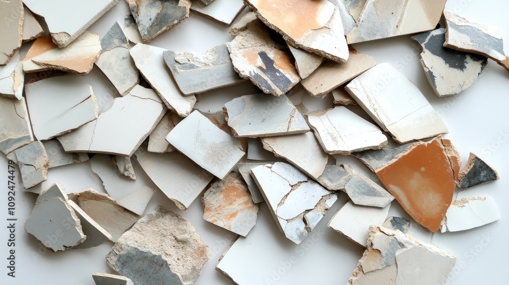 Aufkleber fragmented tiles and ceramic pieces on a light surface, displaying a mix of colors and textures, ide