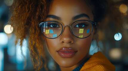 A young woman focuses intently while wearing glasses that reflect vibrant sticky notes, indicating a collaborative workspace filled with ideas - Powered by Adobe