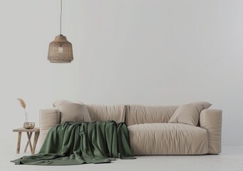 A white sofa with a green blanket on it sits in a minimalist living room with a wooden side table and a hanging light fixture