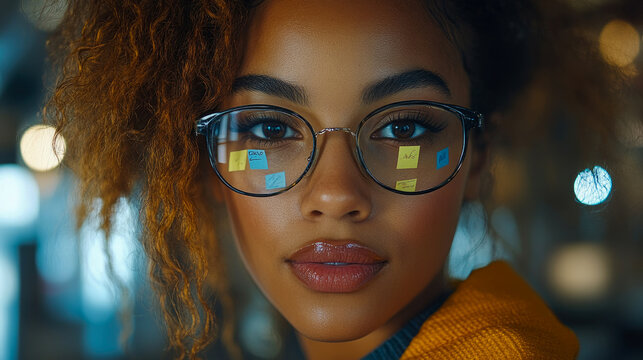A young woman focuses intently while wearing glasses that reflect vibrant sticky notes, indicating a collaborative workspace filled with ideas - Powered by Adobe