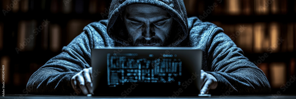 Poster a person wearing a hoodie is intently coding on a laptop, illuminated by the screen's glow in a dark