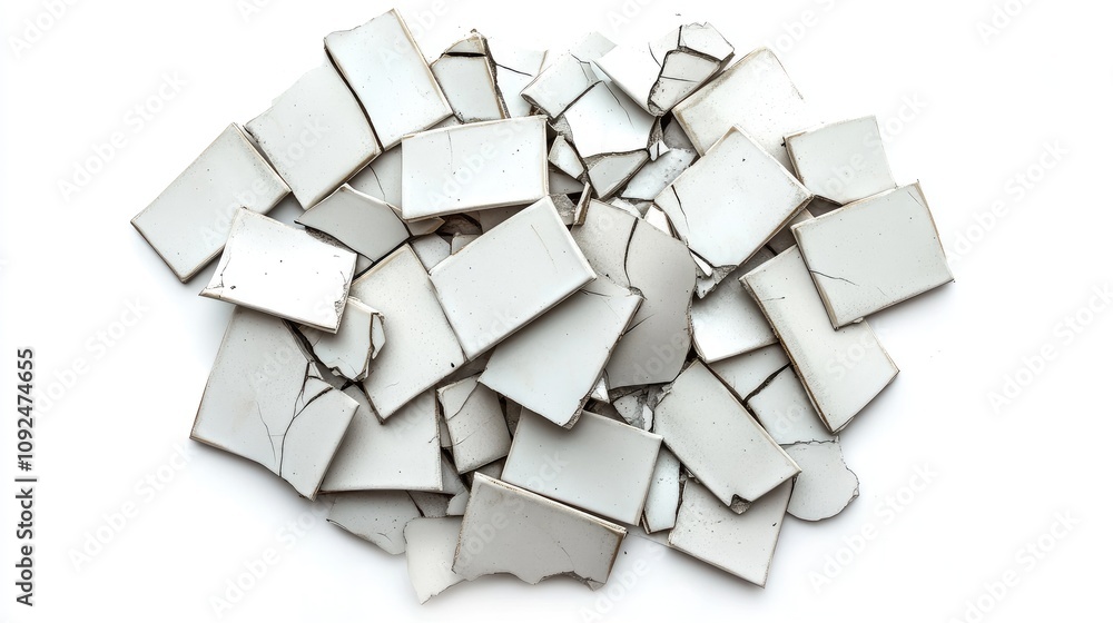 Poster collection of shattered mirror fragments on white background, reflecting light and creating abstract