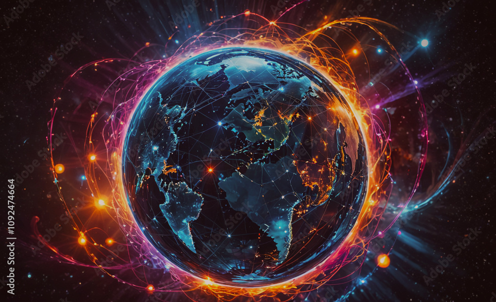 Poster colorful planet with a network of lines surrounding it. the planet is surrounded by a network of lin
