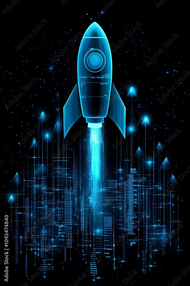 Poster digital rocket launching with glowing data curves, symbolizing innovation, business growth, and tech