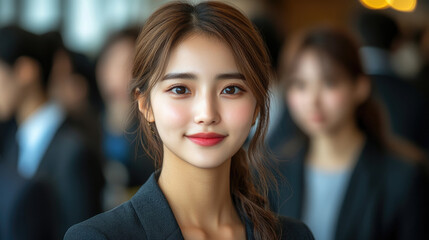 Obraz premium A confident young woman smiles while surrounded by a crowd at a bustling networking event in a contemporary setting filled with professionals