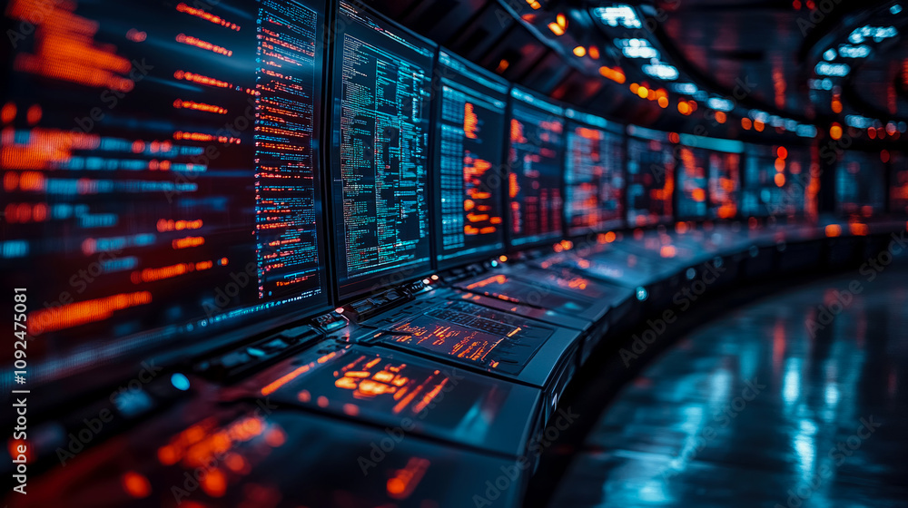 Poster high-tech control room showcases multiple glowing screens filled with data and analytics, reflecting
