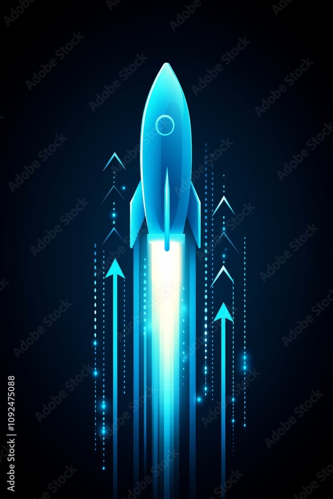 Poster digital rocket launching with glowing data curves, symbolizing innovation, business growth, and tech