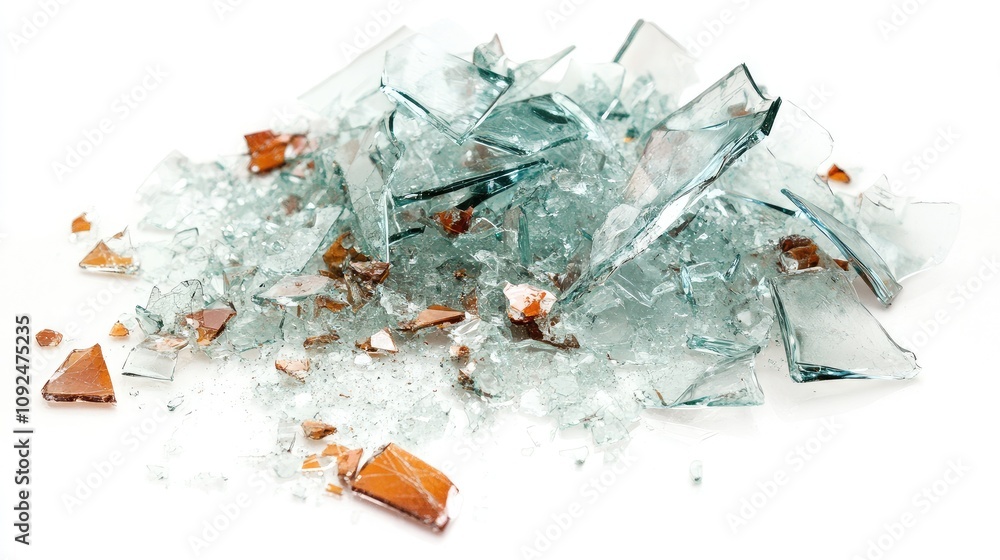Poster broken glass fragments piled on a white background creating a shattered texture with shiny reflectio