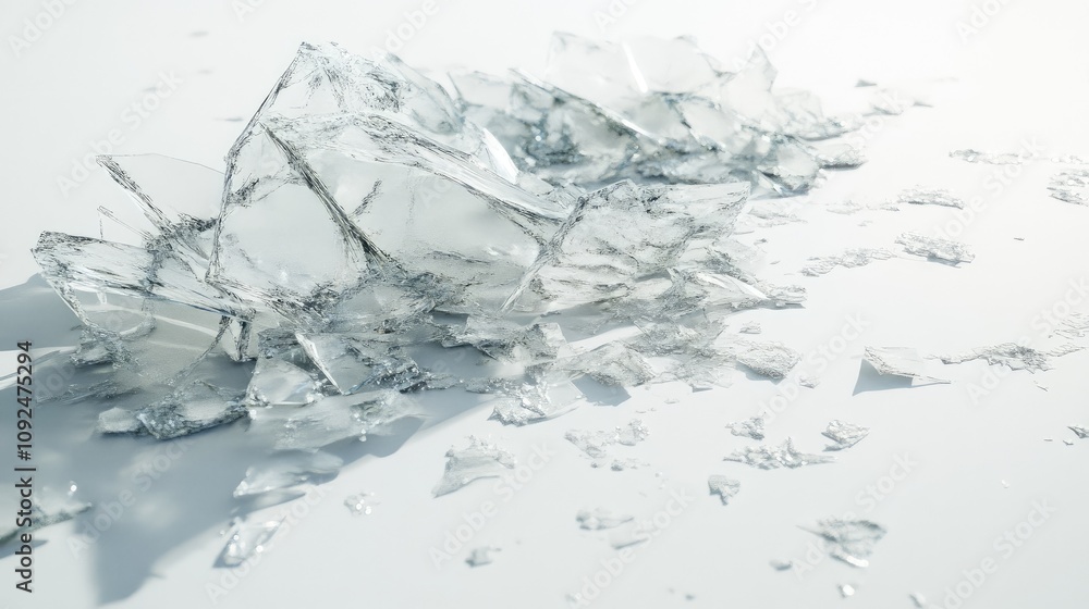 Poster shattered glass fragments on white surface with dramatic light and shadows capturing the fragile nat