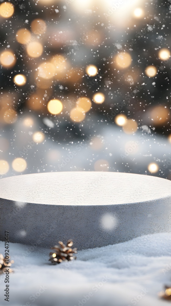 Poster a modern, minimalist christmas podium with frosted edges and subtle silver accents, surrounded by a 