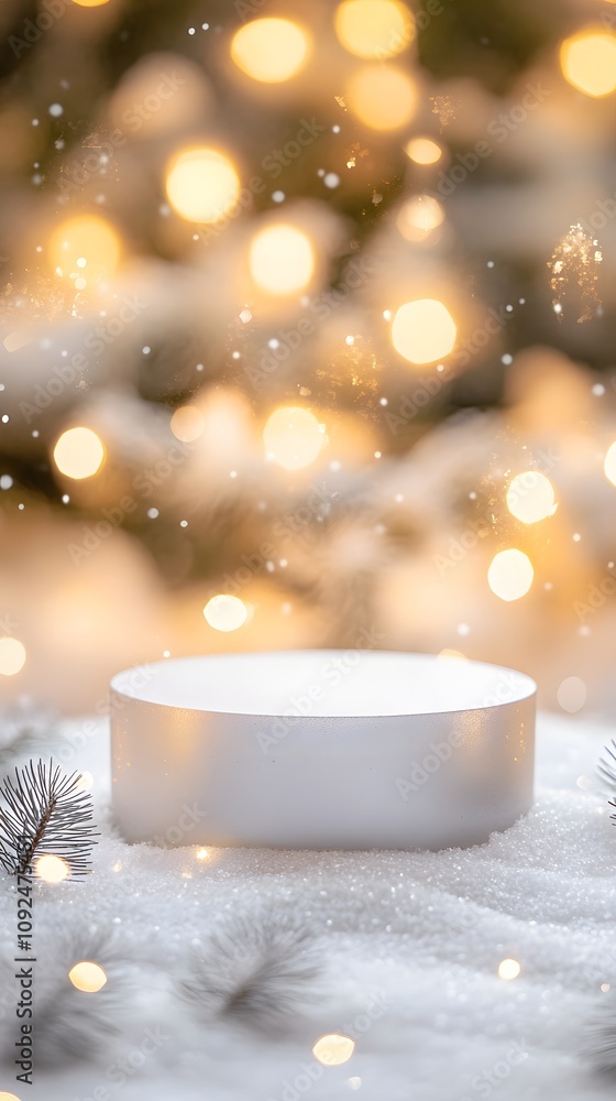 Poster a modern, minimalist christmas podium with frosted edges and subtle silver accents, surrounded by a 