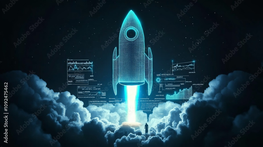 Poster digital rocket launching with glowing data curves, symbolizing innovation, business growth, and tech