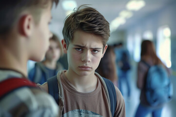 Fototapeta premium Intense close-up of a young sad frightened boy girl facing bullying at school, surrounded by peers, Generative AI