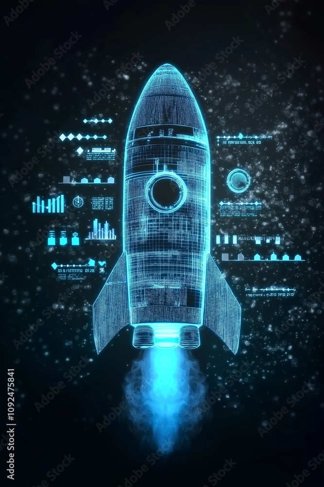 Poster digital rocket launching with glowing data curves, symbolizing innovation, business growth, and tech