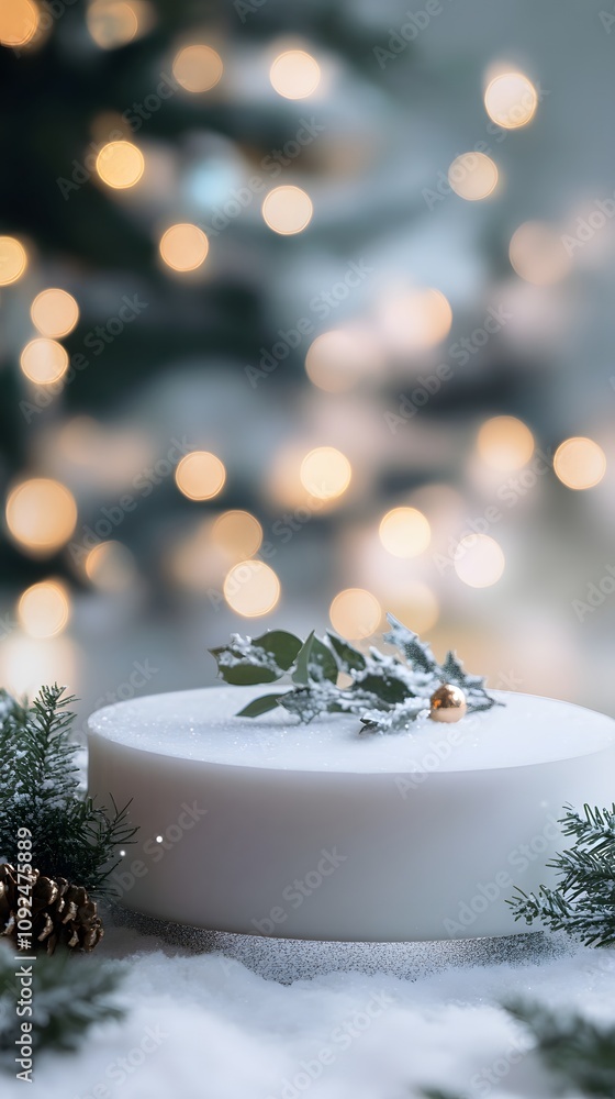 Poster a modern, minimalist christmas podium with frosted edges and subtle silver accents, surrounded by a 