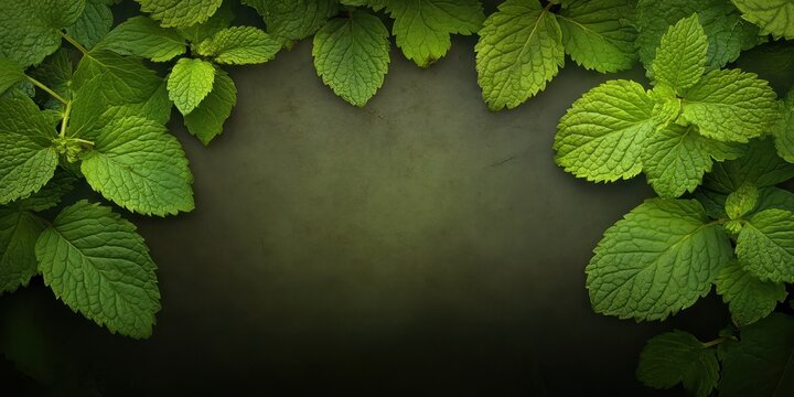 Fresh Mint Leaves Border on Dark Green Background