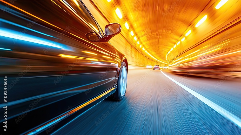 Poster car in motion through a colorful illuminated tunnel, dynamic and energetic scene.