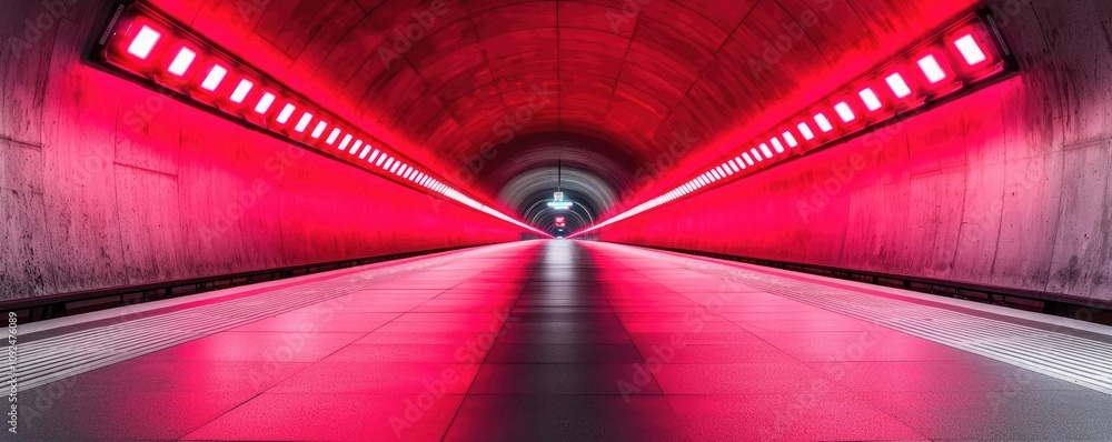 Poster futuristic tunnel with vibrant red lighting and a smooth floor.