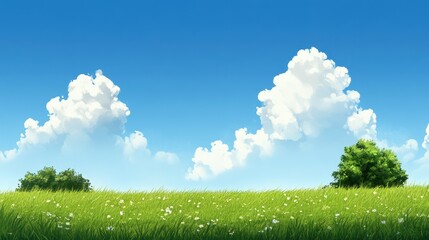 Fototapeta premium Sunny Meadow Landscape, Green Grass, White Flowers, Blue Sky