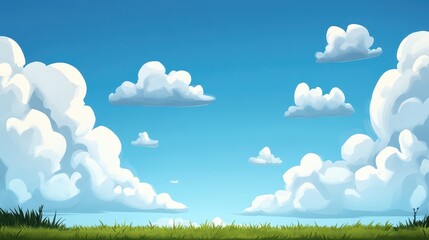 Obraz premium Peaceful Summer Landscape, Fluffy White Clouds over Lush Green Field