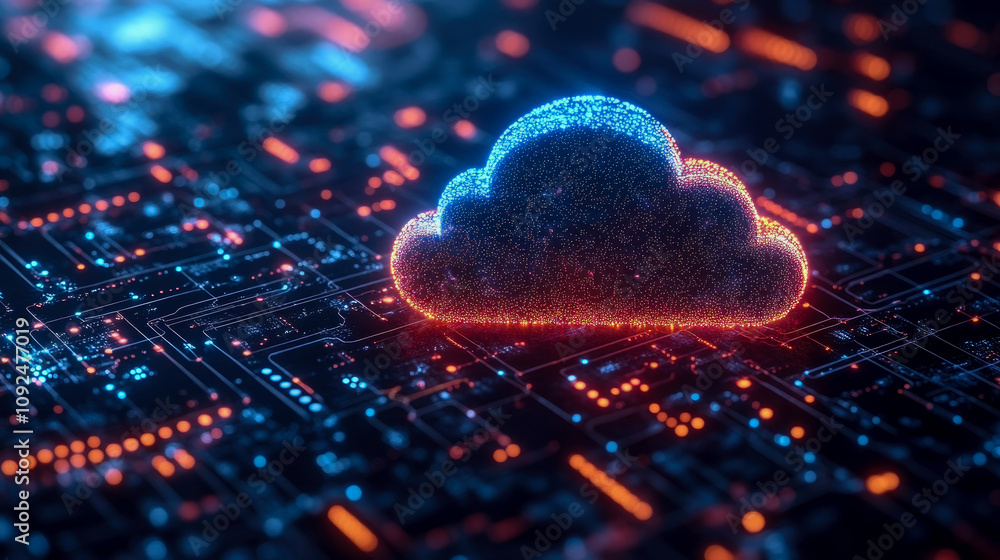 Poster a vibrant cloud symbol illuminates a complex network of electronic circuits and data streams during 