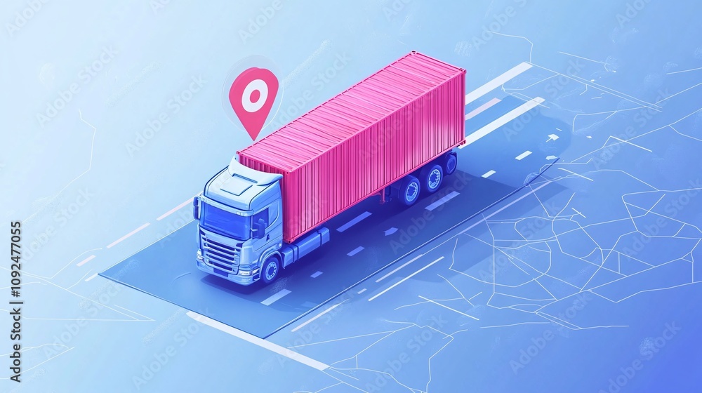 Poster truck carrying container moving on road with location pin showing progress of delivery