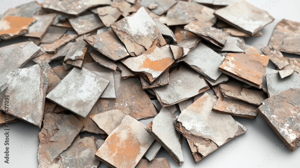 Poster fragile weathered tiles piled together in rustic textures with faded colors highlighting the beauty 