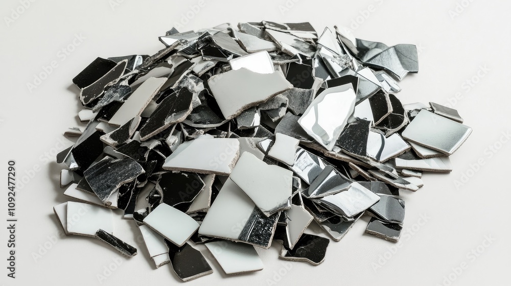 Poster a pile of broken glass shards in black and white colors resting on a light surface perfect for creat
