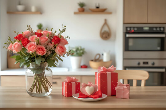Dining table with roses and gift boxes for Valentine's Day celebration in light kitchen interior. Front view.