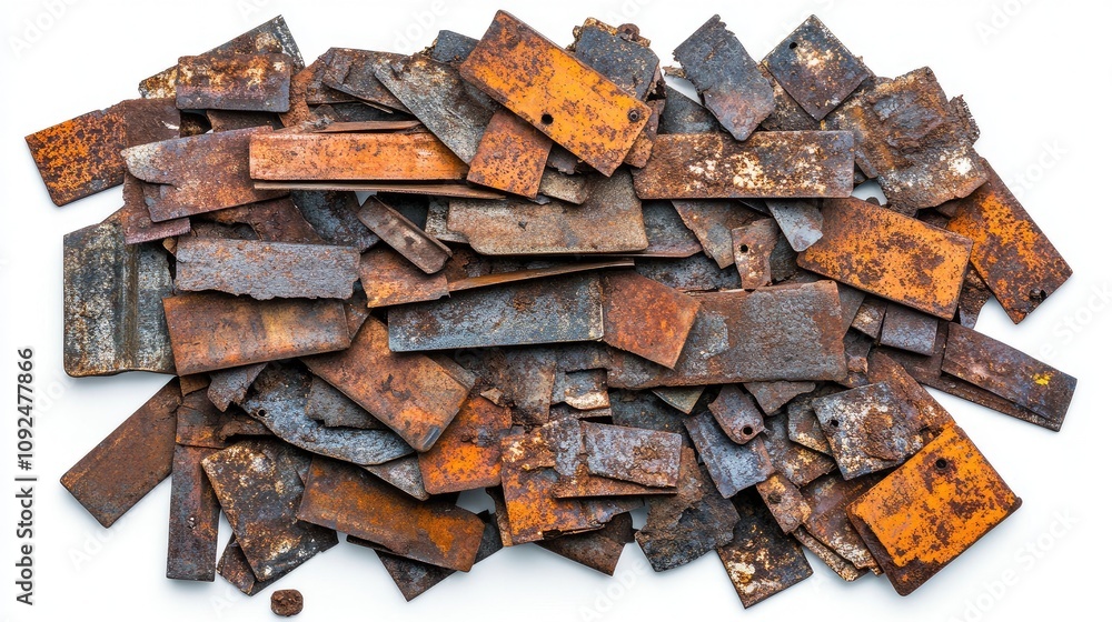 Poster stack of rusty metal scrap plates displayed on white background capturing the textured surface, corr