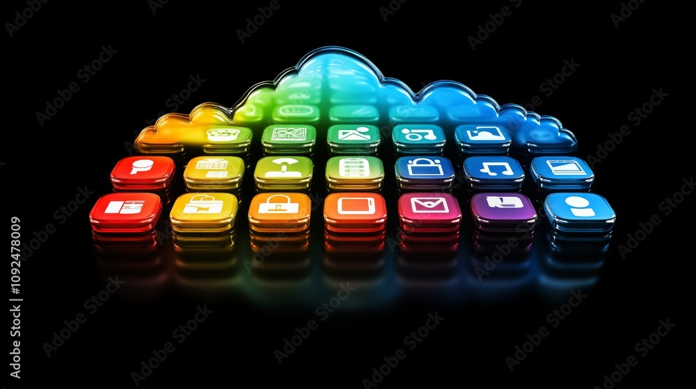Poster rainbow-colored cloud filled with technology icons, representing cloud computing, digital connectivi