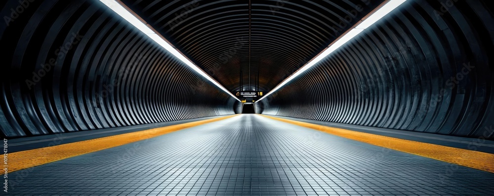Poster futuristic subway tunnel with sleek lines and bright lights, empty and minimalist aesthetic.