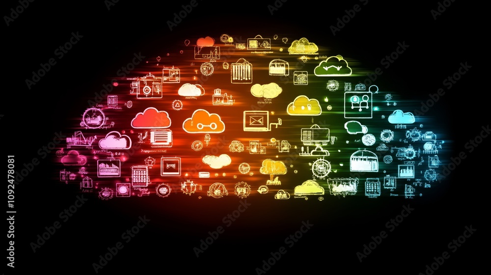 Poster rainbow-colored cloud filled with technology icons, representing cloud computing, digital connectivi