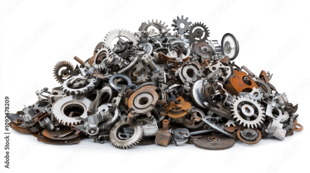 Poster a pile of mixed mechanical gears and parts displaying diverse designs and textures, representing ind