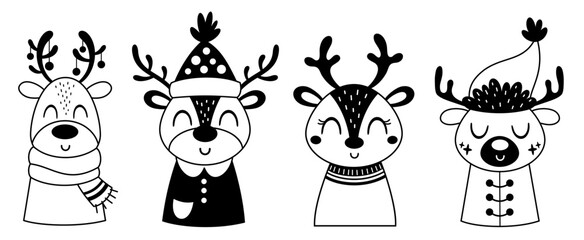 Fototapeta premium Christmas reindeer clipart set. Black and white xmas deer doodle. Cute winter animal, Cartoon festive character. Holiday vector illustrations