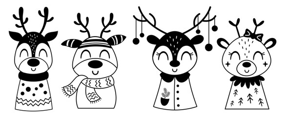 Obraz premium Christmas reindeer clipart set. Black and white xmas deer doodle. Cute winter animal, Cartoon festive character. Holiday vector illustrations