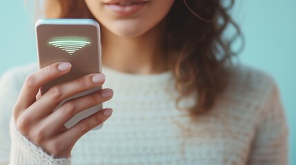 Fototapeta premium Young Woman Using a Smartphone with Wireless Signal Icon, Representing Modern Communication, Connectivity, and Digital Innovation, Generative AI