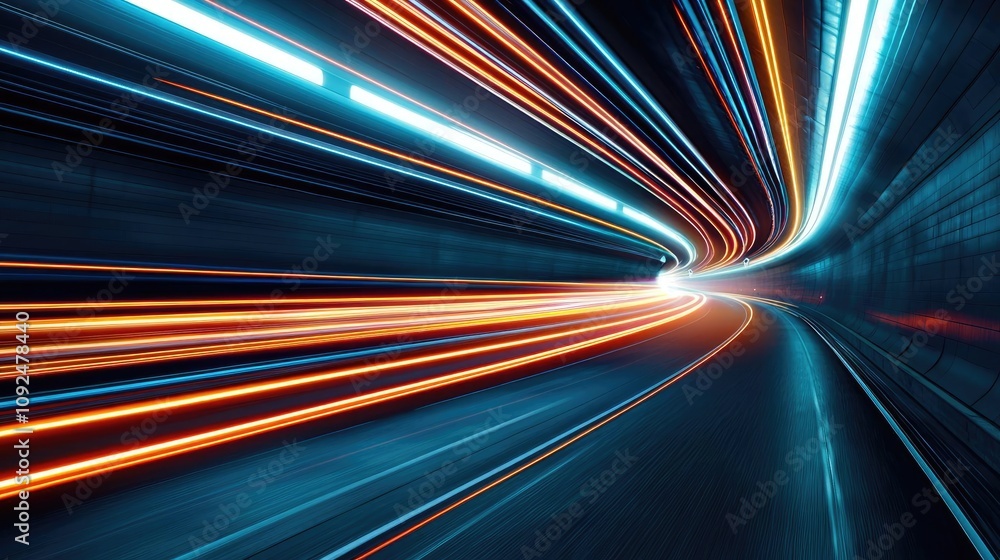 Poster Dynamic light trails in a tunnel, showcasing motion and speed against a dark backdrop.