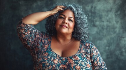 Fototapeta premium Confident plus-size mature woman touching gray hair and posing