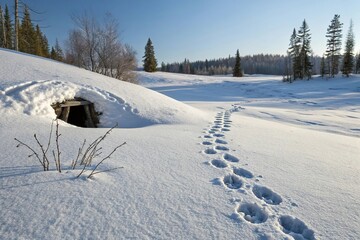Obraz premium Lynx cub's paw prints in the snow leading to a hidden den or shelter, , snowy landscape, nature