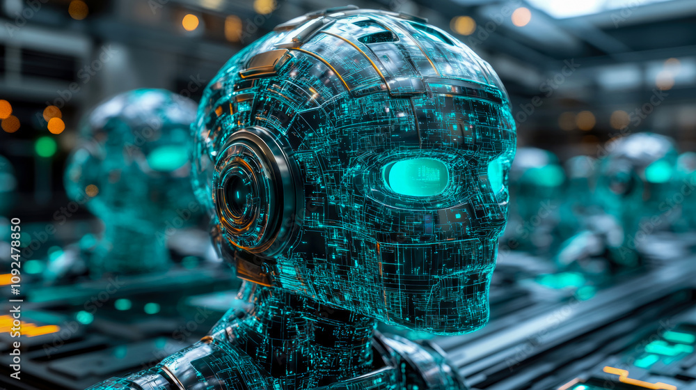 Poster a collection of intricate robotic heads with luminous blue eyes displayed in a high-tech laboratory 