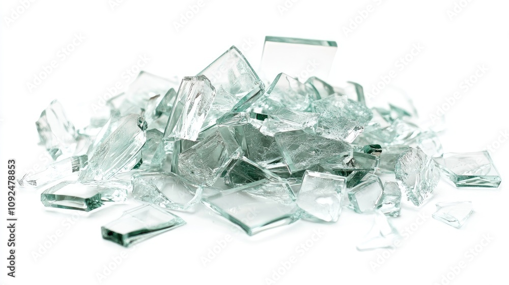 Aufkleber shattered glass fragments piled together reflecting light, capturing sharp edges and transparency in