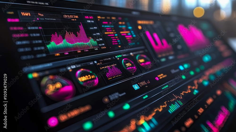 Poster this digital dashboard illustrates a variety of colorful graphs, charts, and statistics in a high-te